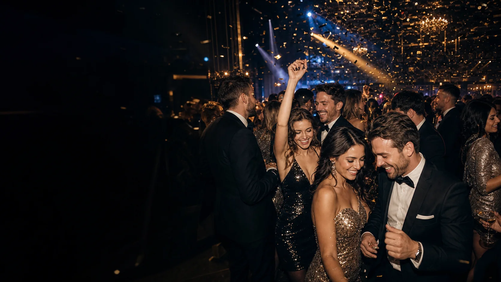 Elegancka sylwestrowa impreza Single Party – goście w wieczorowych kreacjach świętują z szampanem